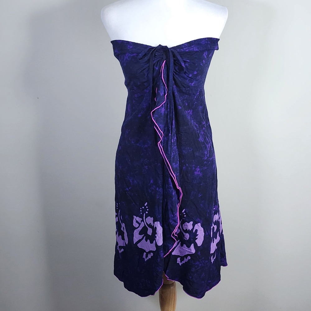 Strapless Dress Womens Small Purple Hibiscus Batik Smocked Vacation Travel Beach